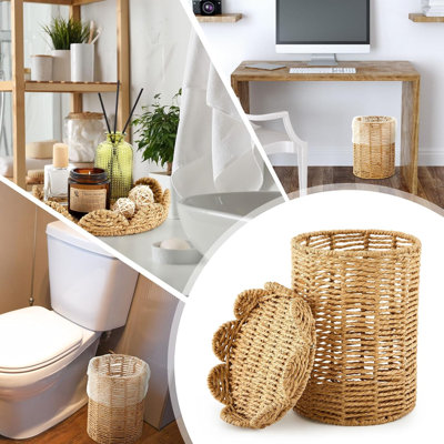 1.3 Gal Boho Wicker Trash Can with Lid for Bathroom,Scalloped style in natural color with handle; includes 100 plastic bags for bedroom or laundry.
