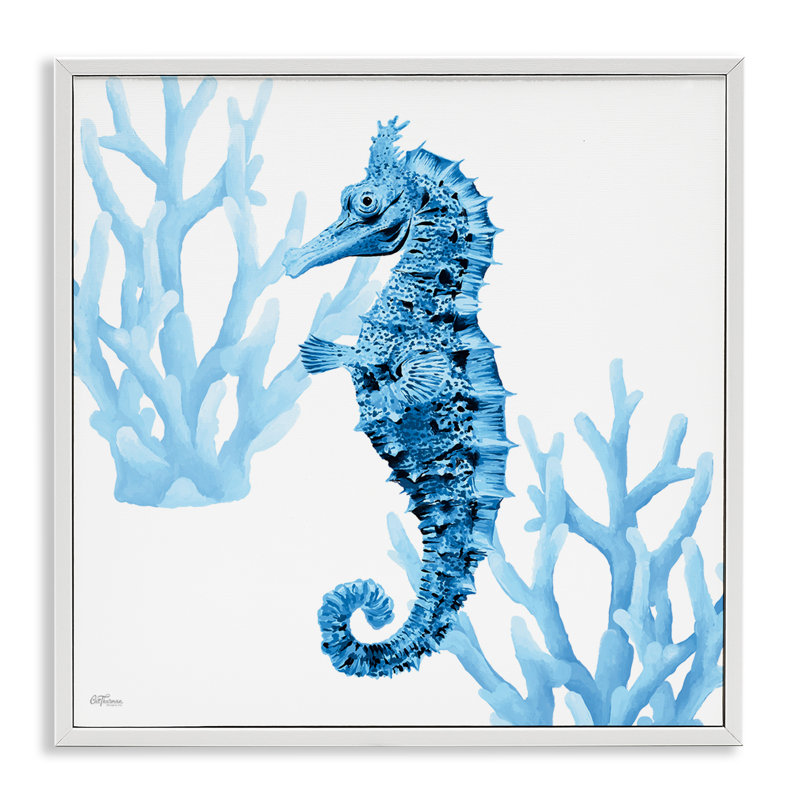 «Blue Tone Seahorse & Coral», dessin de Cat Thurman Designs, H 17 po x l 17 po, Estampe numérique encadrée blanc bord de mer