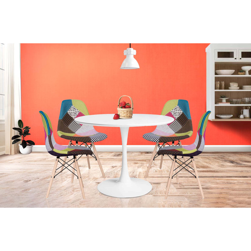 Modholic Tulip 36" Round Wood Dining Table & Set Of 4 Wood Leg Chairs, Multi, Green/Black/Red, 29.75"H x 35.5"L x 35.5"W