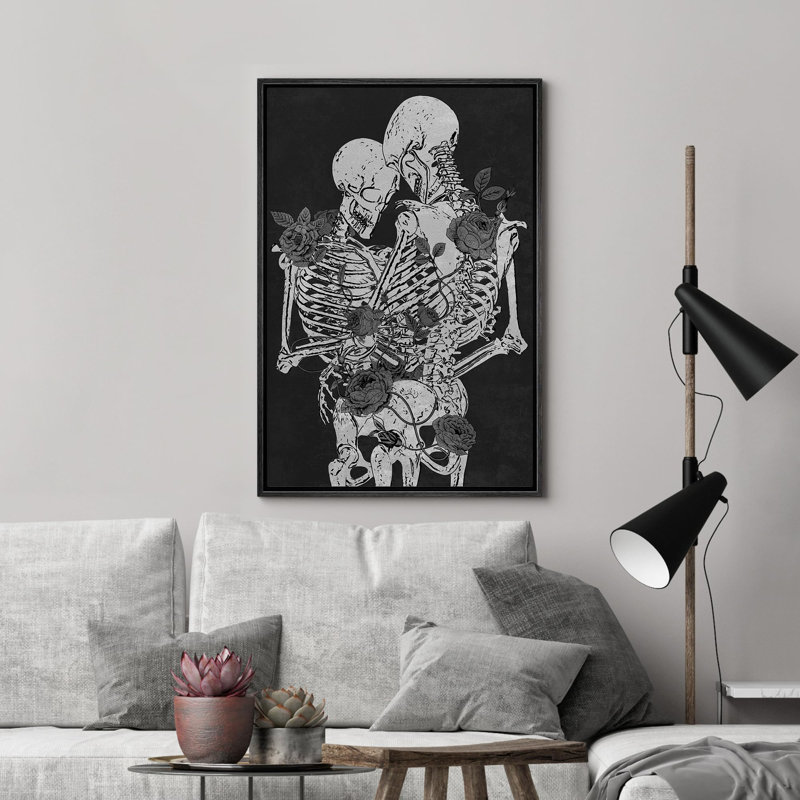 Squelette câlin gothique Moody foncé, œuvre d'art moderne, décor, Cadre flottant noir, H 36 po x l 24 po