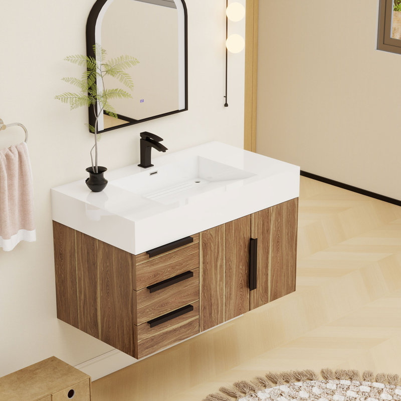 Jessica 35.5 " W Free Standing Wall Mounted Single Double Single Vanity Bathroom Vanity With Acrylic Top, Natural Oak