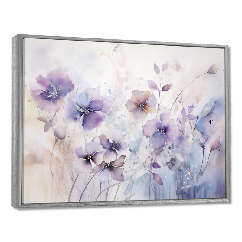 Mauve et fleurs mystiques III - art botanique abstrait, H 12 po x l 20 po, Encadrement argenté