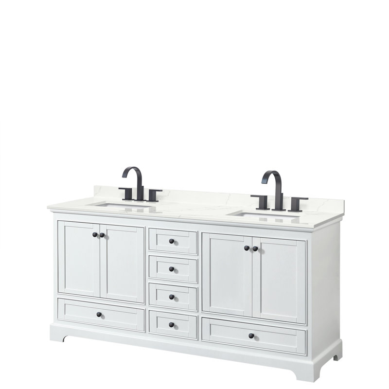 Meuble-lavabo double autoportant Deborah avec plateau en quartz, Quartz Giotto, Blanc, Noir mat