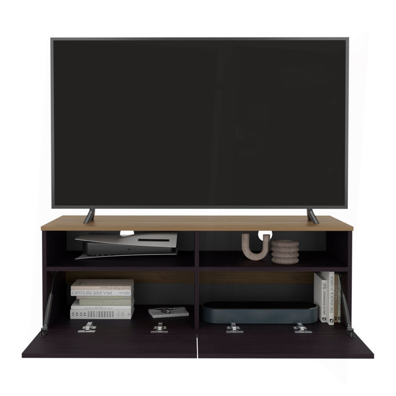 Meuble télé avec rangement et porte ouverte, wengé et chêne naturel