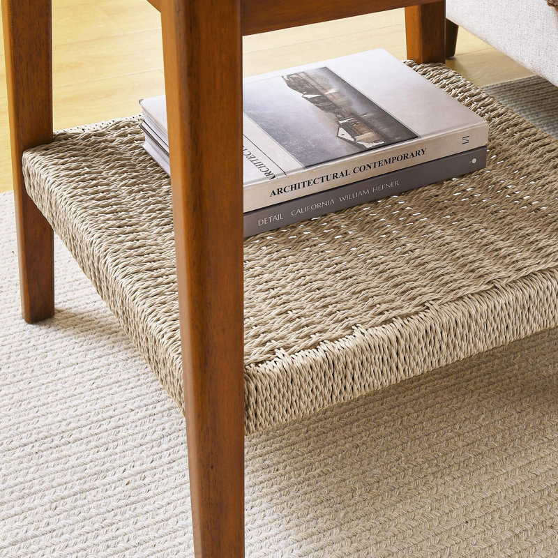 23" Mid-Century Side Table With Woven Shelf, Boho Side Table With Storage