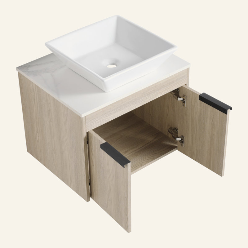 Meuble-lavabo flottant de 36 po au design moderne avec lavabo d'art en céramique, dalle de pierre plate blanche et petites tablettes de rangement, porte à fermeture douce