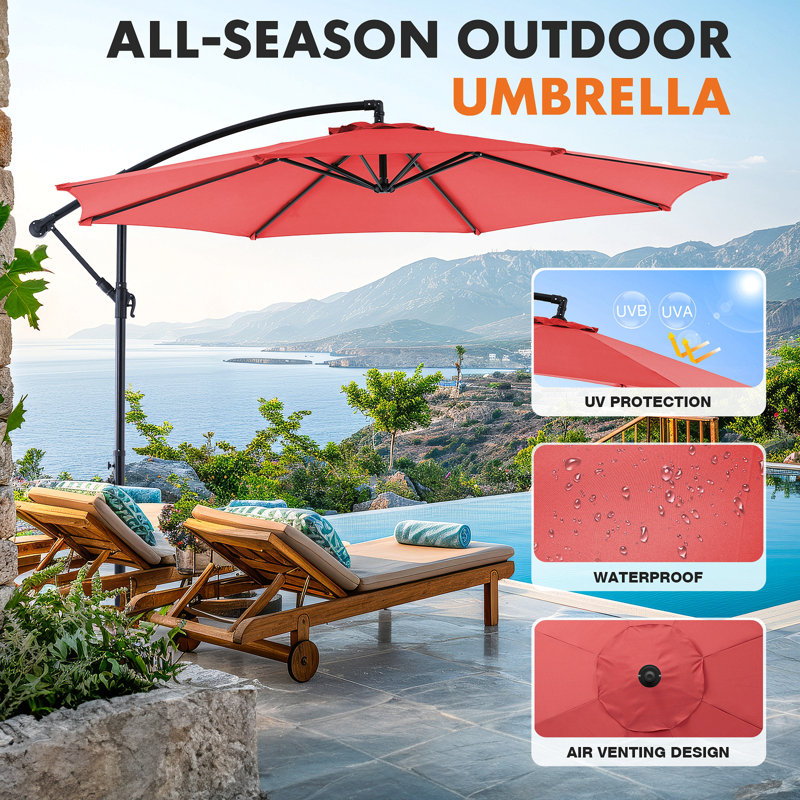 Parasol de patio en porte-à-faux 9,8 pi avec parasol 9 pi, Rouge
