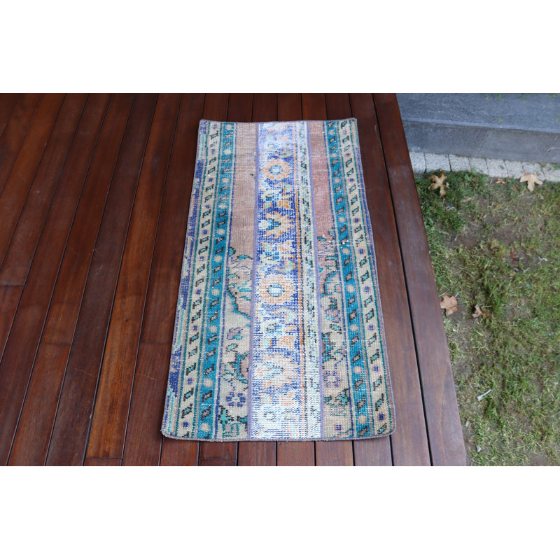 Vintage Small Turkish Anatolian Carpet in Green for Decorative Oriental Entryway Home Decor in Faded Oushak Style