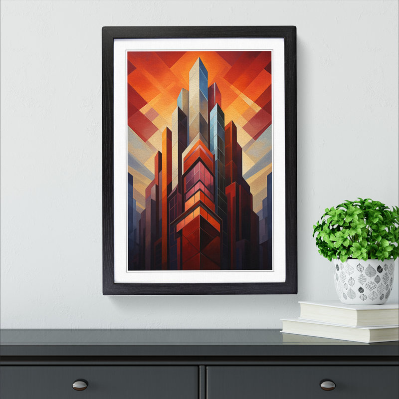 Skyscraper Geometric - Single Picture Frame Print on Wood, 34cm H x 25cm W x 2cm D, Black