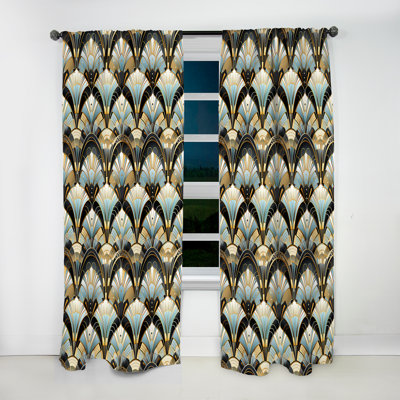 Cresthill 1970s Blue And Gold Damask Art Deco I - Damask Curtain - Velvet Room Darkening - 1 panel