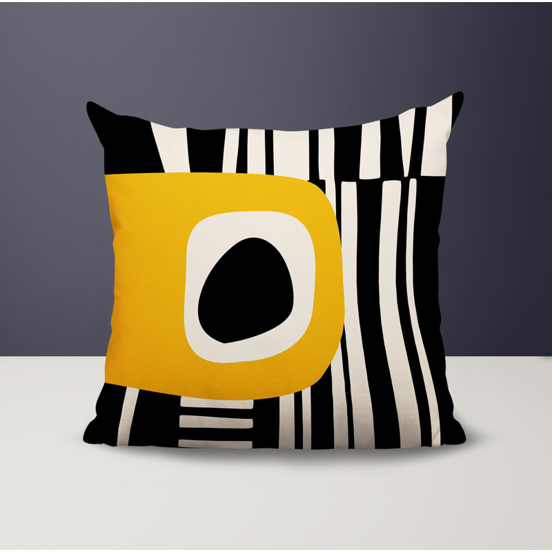 Oreiller carré réversible intérieur / extérieur Jina, H 19 po x l 19 po, Jaune / noir / blanc cassé abstrait