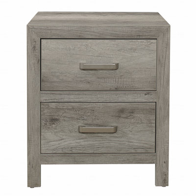 Transitional Aesthetic Bedroom Nightstand (Bedside Side Table) Faux Wooden Veneer Weathered Gray Finish Nickel Hardware Bed Side Table