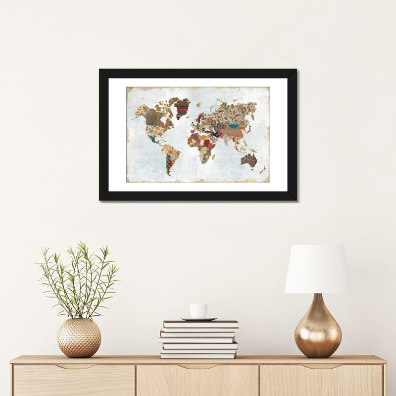 Mappemonde à motifs, impression sur toile tendue, H 16 po x l 24 po x P 1 po, Papier d'art encadré noir, Blanc