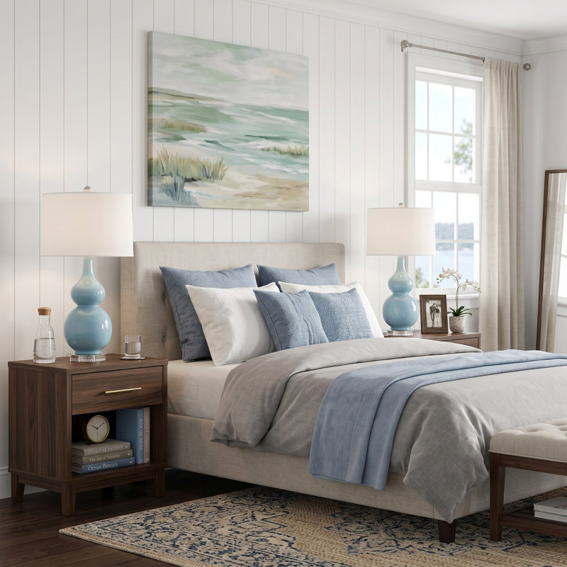 Ensemble de 2 lampes de table de chevet en céramique de 14 po Andover Mills - lampe moderne en céramique avec double gourde de style rétro pour chambre à coucher, salon ou bureau avec ampoules DEL (ciel / blanc)