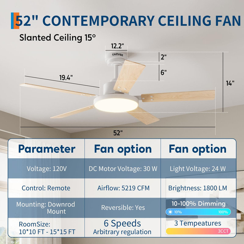 Ventilateur de plafond moderne de 52 po avec lumière DEL à intensité variable, télécommande et pales réversibles pour le salon, la chambre à coucher