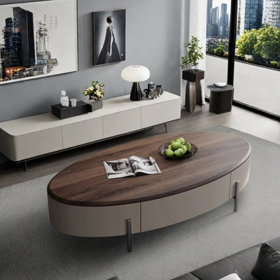 Solid Wood Coffee Table with Stainless Steel Base