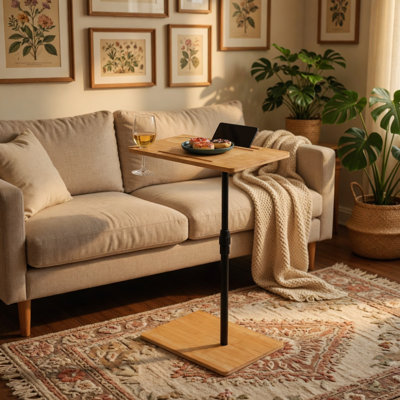 Bamboo Couch Tray Table Height Adjustable C-Shaped End Table With Slots 2 Tier Sofa Side Table For Living Room & Bedroom (Rectangle + Rectangle)