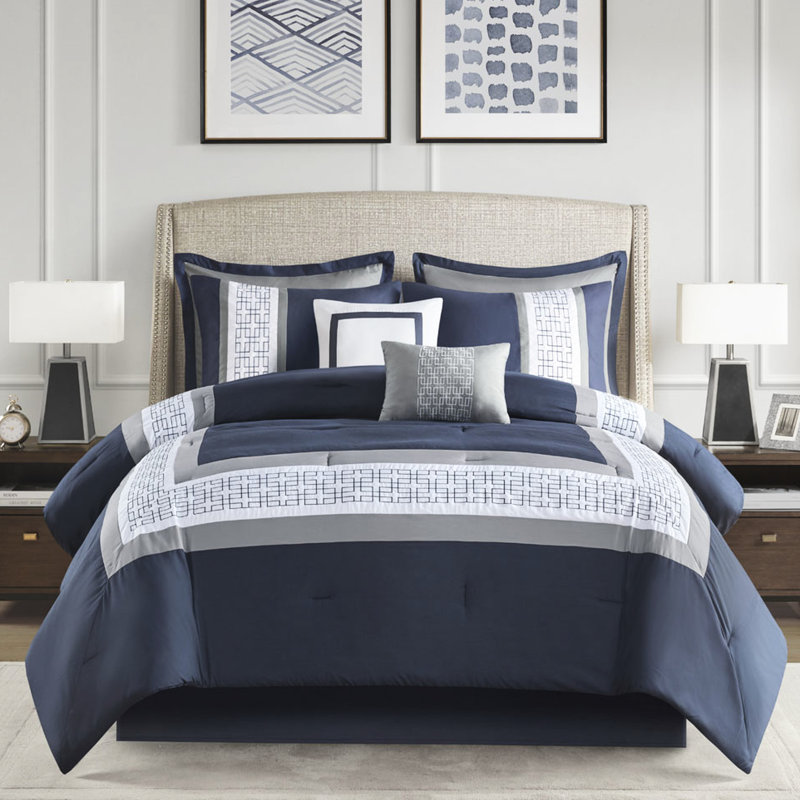 Édredon très grand bleu marine - Édredon 8 pièces avec détails sophistiqués dans des taies décoratives de style transitionnel