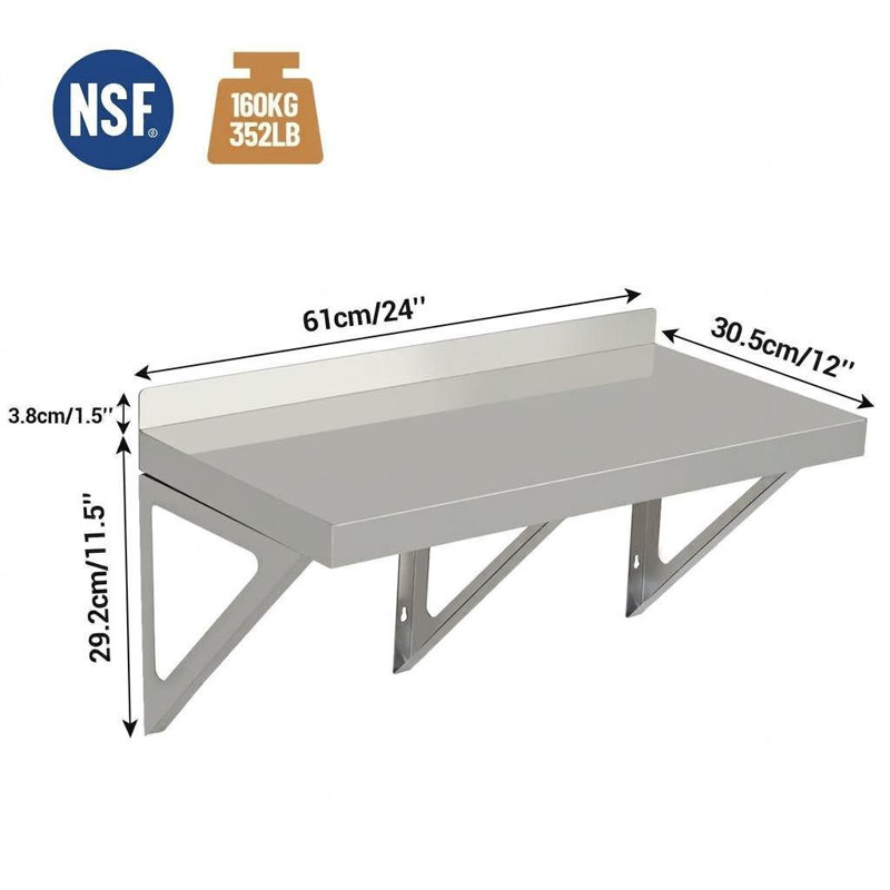 Stainless Steel Wall Mounted Shelving Unit, 11.5cm H x 24cm W x 12cm D