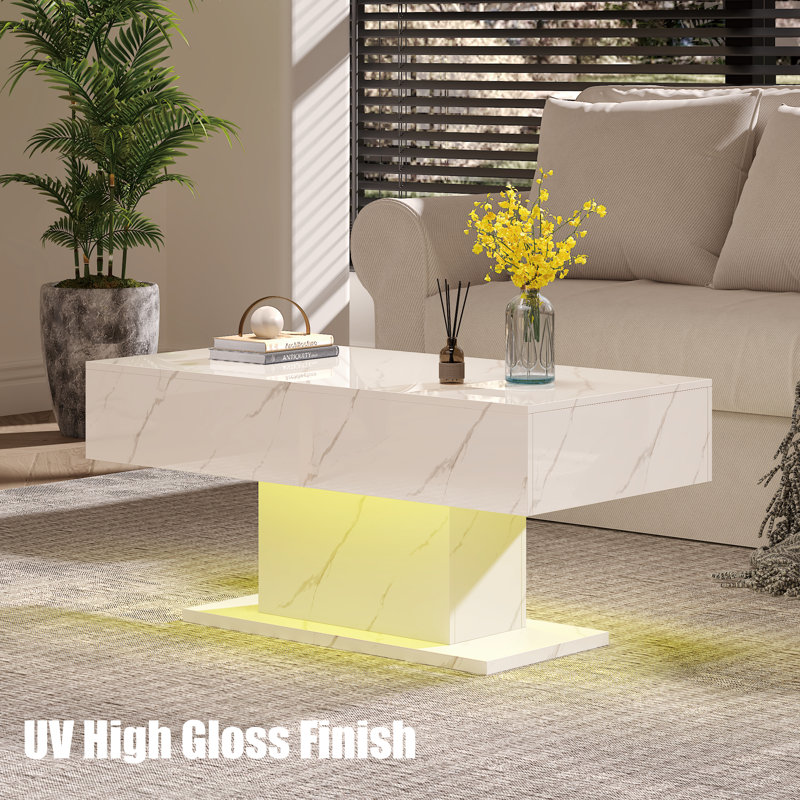 110x55x50cm High Gloss Coffee Table with 16 Colors LED Lights, White Marble