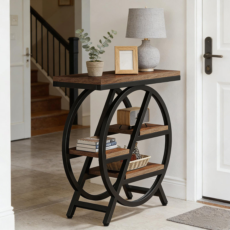 Table de bout compacte industrielle avec rangement à 4 niveaux, pour les petits espaces et les décors modernes.