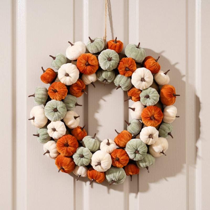 43cm Velvet Pumpkin Wreath, Orange