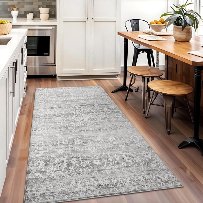 Machine Washable Medallion Floral Area Rug(Grey), Rectangle 3' x 5'