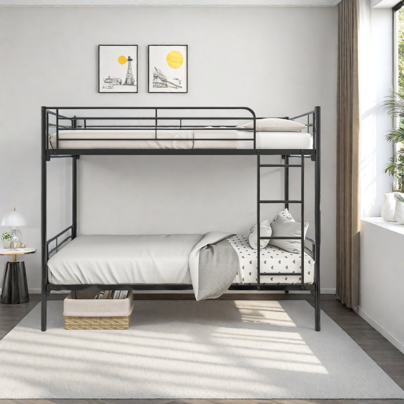 Twin Over Twin Bunk Bed, Metal Frame With Ladder, Twin Over Twin, Black
