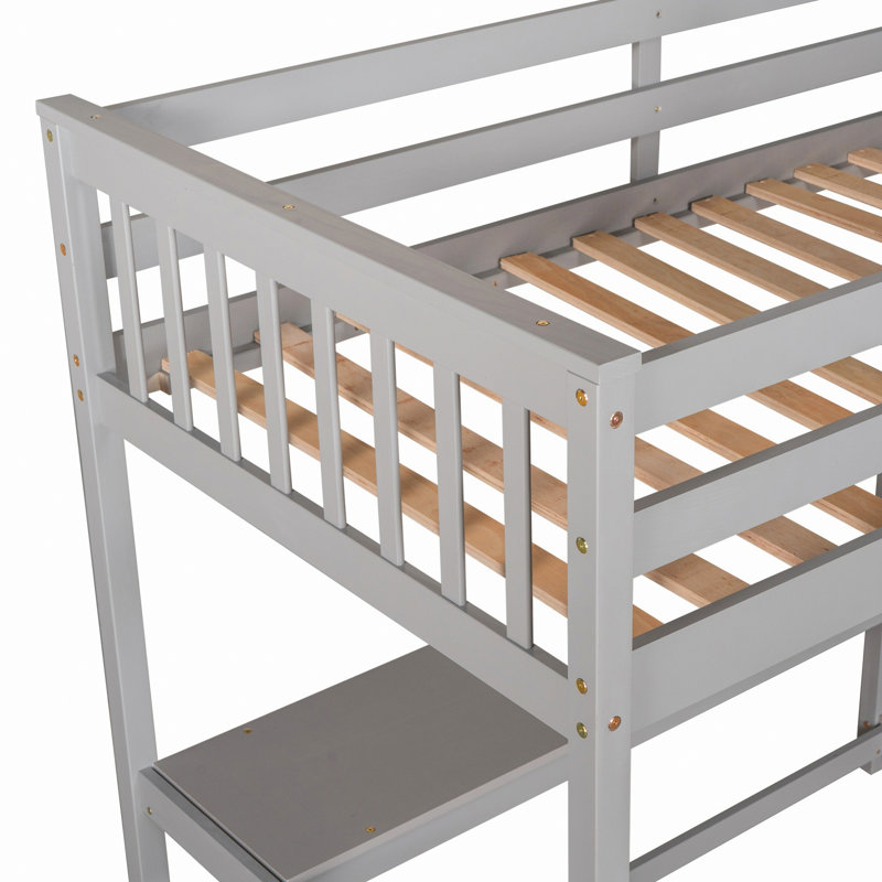 Lit mezzanine avec tablettes de rangement et bureau sous le lit, Gris, Lit simple