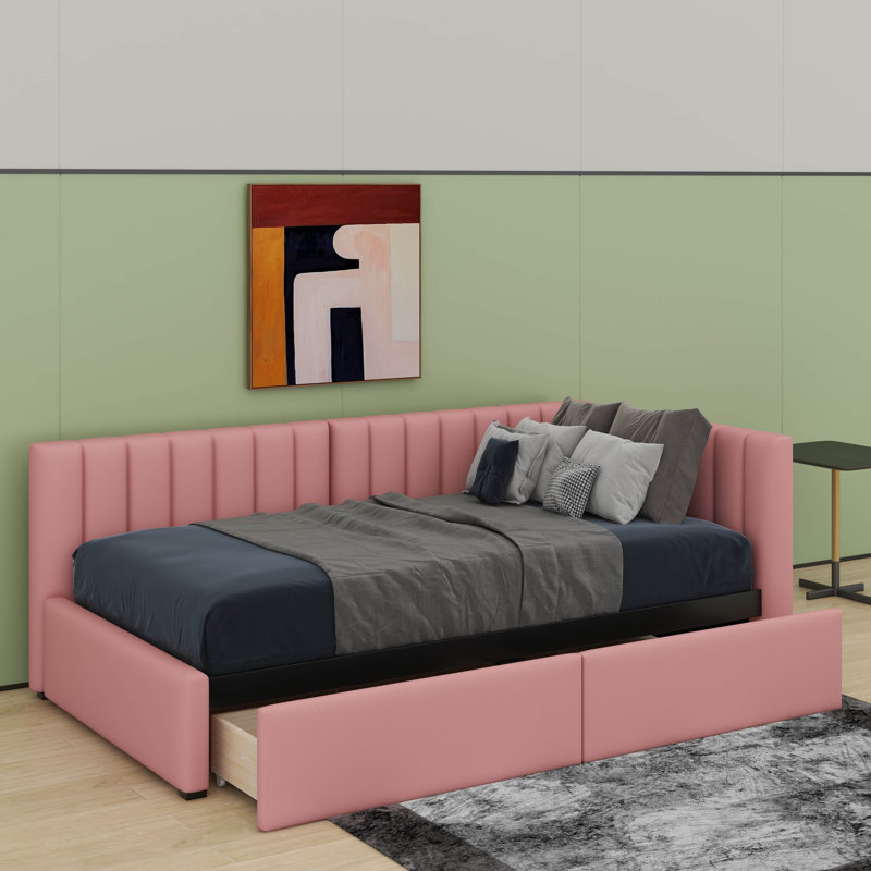 Lit de jour simple tapissier avec 2 tiroirs, Rose