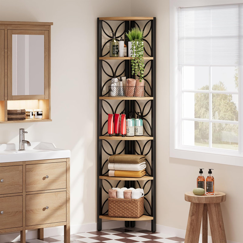 Étagère d'angle de 71 po de hauteur à 6 niveaux, bibliothèque en bois rustique et métal noir avec cadre floral, support de rangement triangulaire autoportant pour salon, chambre à coucher et salle de bain