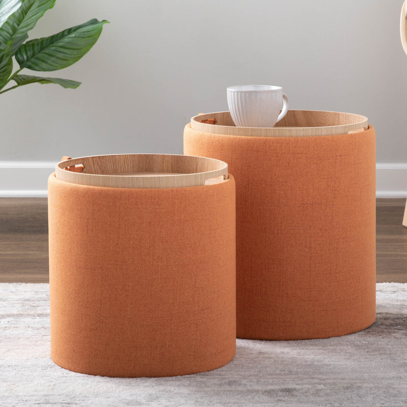 Alvena 15.5" Wide Round Storage Ottoman with Tray Tops, Orange