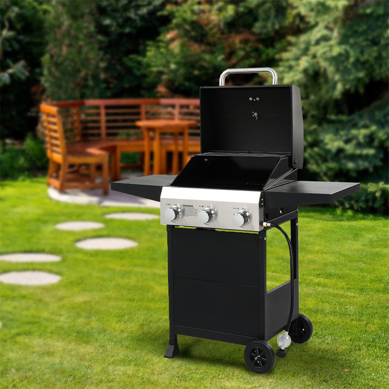 Barbecue au propane à 3 brûleurs en noir avec tables d'appoint pliables et roues portatives pour la cuisine en plein air