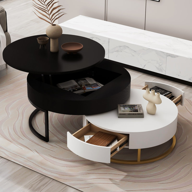 Tables basses gigognes modernes à plateau relevable avec 2 tiroirs, peu encombrantes et polyvalentes pour une vie contemporaine.