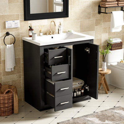Ensemble de meuble-lavabo 30 po avec lavabo en céramique, armoire de rangement en bois massif, ensemble de meuble-lavabo autoportant avec 3 tiroirs et portes à fermeture douce