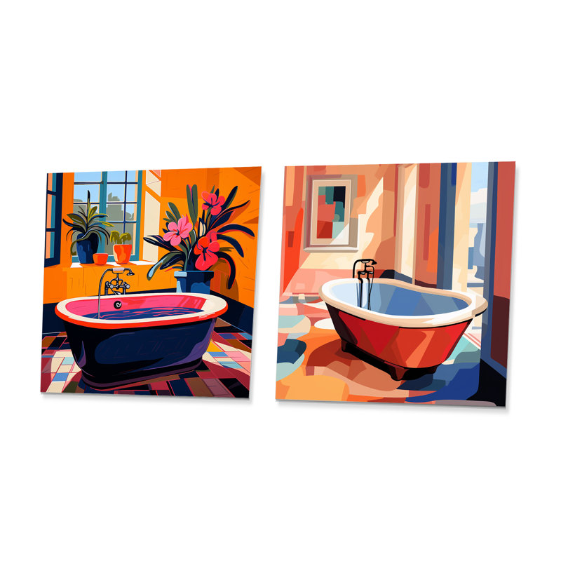Orange et rose, salle de bain florale Serenity I - ensemble de 2 impressions murales de salle de bain, H 36 po x l 72 po