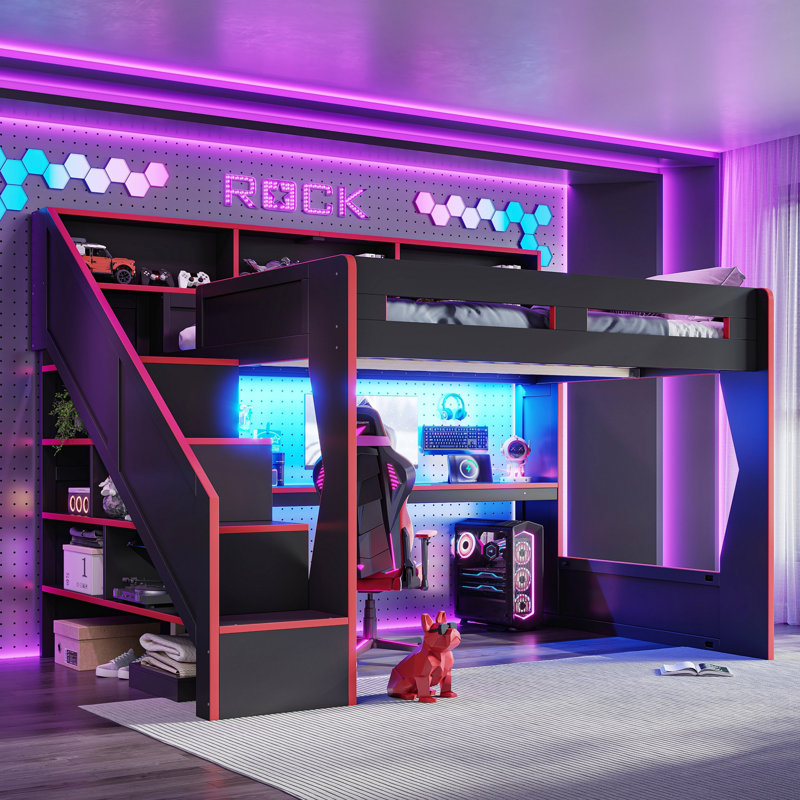 Lit mezzanine de jeu en bois massif Queen avec escalier de rangement, étagères ouvertes dans la tête de lit, éclairage DEL et bureau de chargement USB