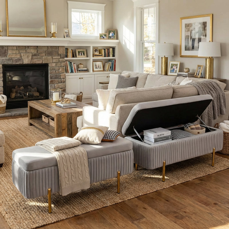 Banc de rangement en velours Leaysia, Gris