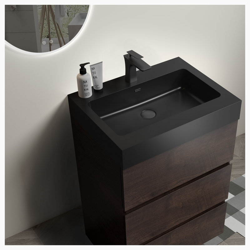 24'' Single Bathroom Vanity with Top, Walnut, Black