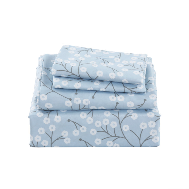 Hijiri Microfiber Sheet Set, Floral, King, Blue