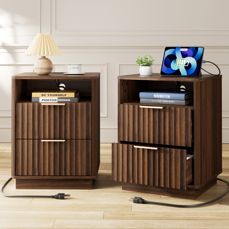 Jenkins 18''W Nightstand Set of 2 with 2-Drawer Open Cubby, Built-In Charge Outlets, Walnut Wood Grain/Oak Textured