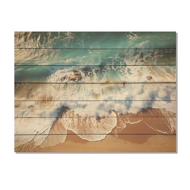 Imprimé Skyblue, vagues côtières III - plage sur bois, H 10 po x l 20 po