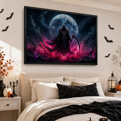 Personnage sombre encapuchonné tenant une faux sur toile rose lumineuse, art mural d'Halloween