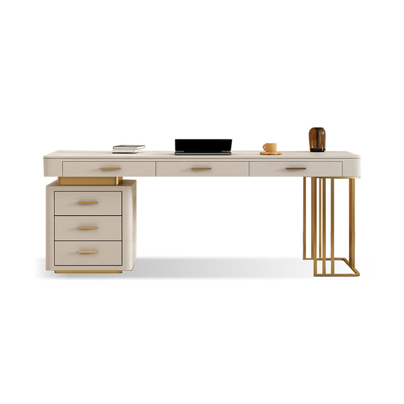Bureau de direction blanc rectangulaire en pierre frittée avec 6 tiroirs, H 29,53 po x l 62,99 po x P 27,56 po