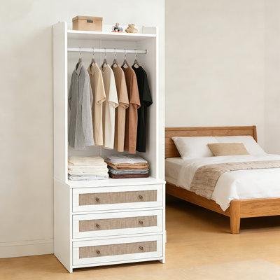 Modern Armoire Wardrobe Organizer with Hanging Rod & 3 Drawers, Freestanding Closet System for Small Closet by Latitude Run
