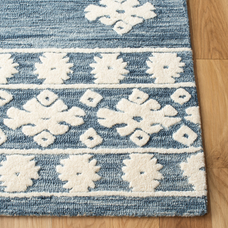 Tapis en laine / coton touffeté à la main en ivoire / bleu marine, Rectangle 4 pi x 6 pi