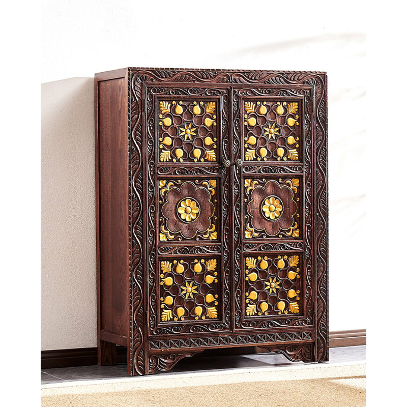 New Chinese-Style Distressed Solid Wood Shoe Cabinet, Brown/Gold