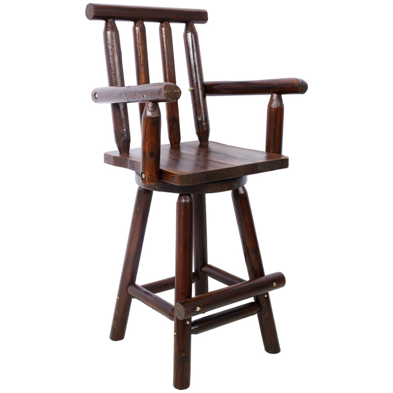 Rustic Bar Stool - Fir Wood Construction, Chair With Footrest,Wide Armrest, Rustic Kitchen Stool, Tall Bistro Chair For Dining Room, Restaurant, Pub, 4-Foot,Brown Color