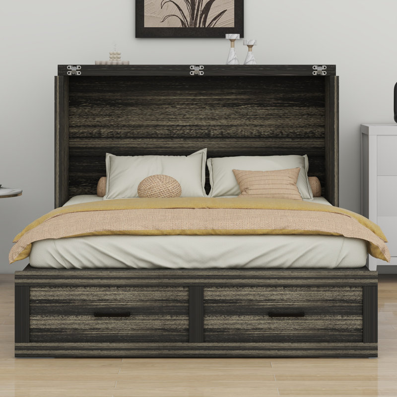 Armoire lit escamotable Murphy avec station de charge, lit plateforme pliable multifonctionnel avec 1 grand tiroir de rangement