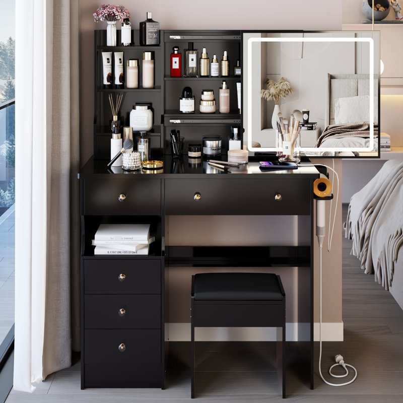 37-Inch Vanity Table With Cushioned Stool, Built-In 2 Ac + Socket, Hair Dryer Stand, Touch Control 3-Color Led Mirror, American Award - Winning Design Middle Size Left Drawer Desktop And Stool ,